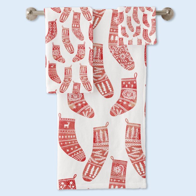 Norwegisches Weihnachtsgebäck-Strumpf Badhandtuch Set (Nordic Scandinavian stockings red and white towel set)