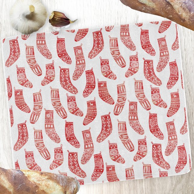 Norwegisches Weihnachtsgebäck-Strumpf Schneidebrett (Nordic Stockings red and white Scandinavian festive Christmas pattern cutting board)