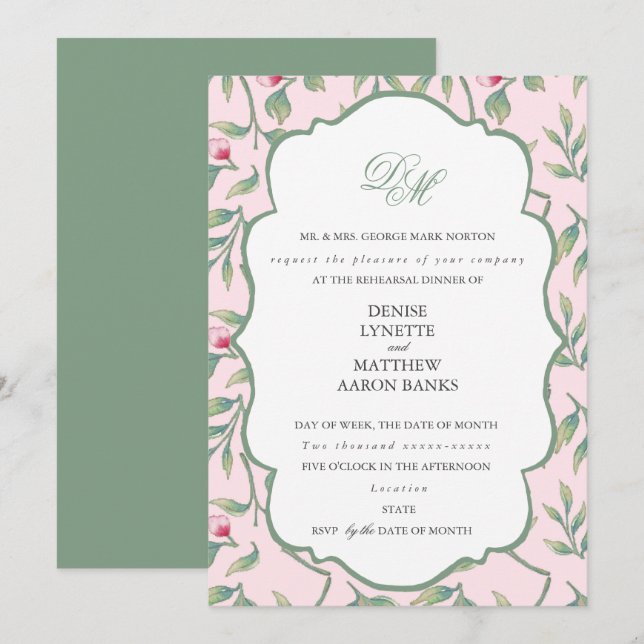 Nosegay Pink und Basil Green Probe Dinner Einladung (Vorne/Hinten)