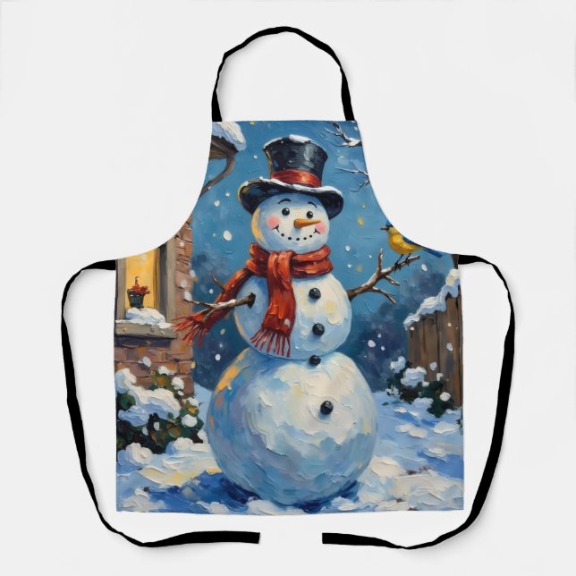 Nostalgic Happy Snowman with Bluebird Winter Scene Schürze (Vorderseite)