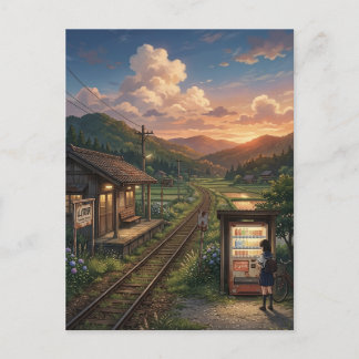 Nostalgic Japanese Summer Railway Station - Anime Postkarte