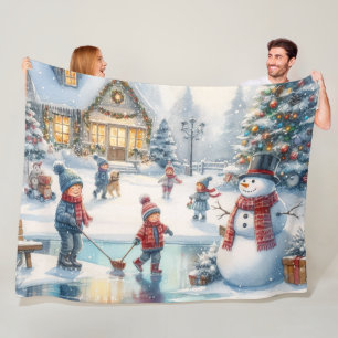 Nostalgic Kids Skaten Christmas Fleece Blanket