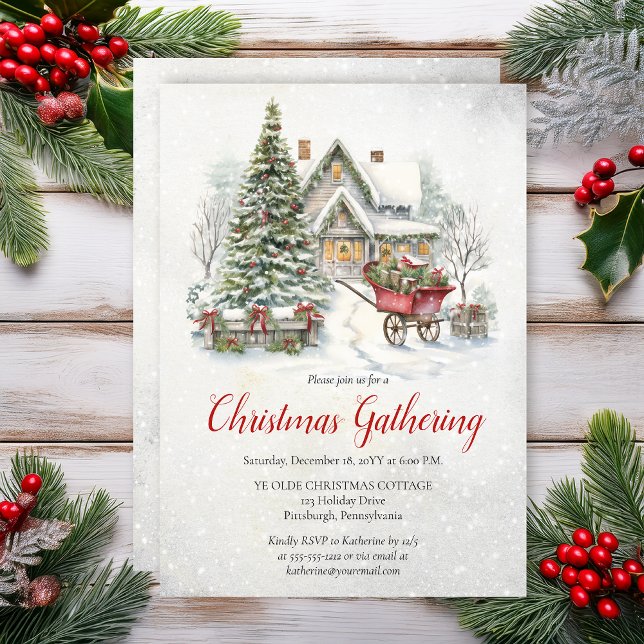 Nostalgic Vintage Cottage Christmas Gathering Einladung (Nostalgic Vintage Cottage Holiday Christmas Gathering Invitation - Print | Digital Download)