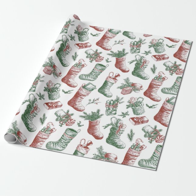 Nostalgic Vintage Red Green Christmas Stockings Geschenkpapier (Ungerollt)