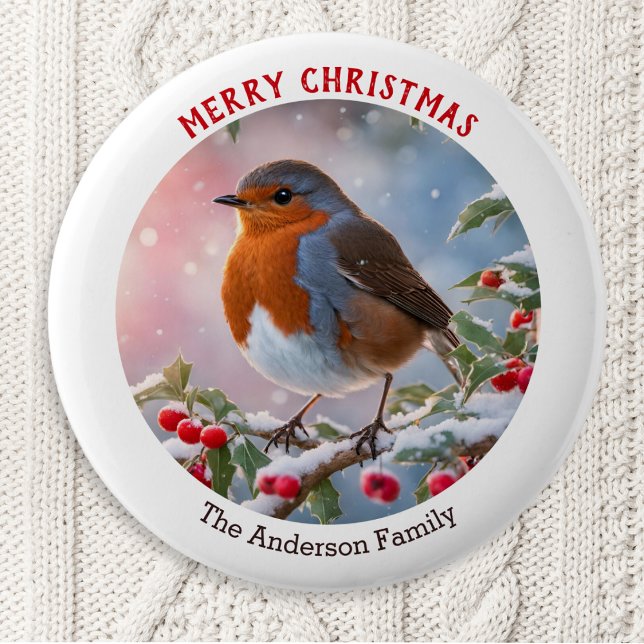 Nostalgic Winter Robin Redust Frohe Weihnachten Button (A personalized Christmas button badge with a festive robin redbreast on a snowy branch)