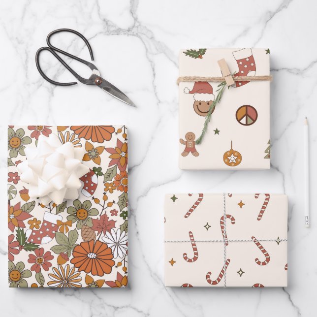 Nostalgie Retro Groovy Weihnachten Geschenkpapier Set (Vorderseite)