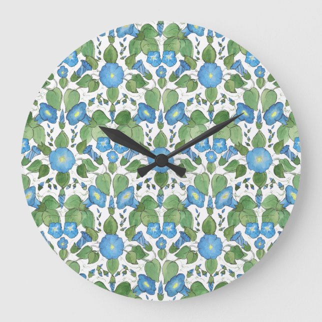 Nostalgisch Blue Morning Glory Round Wall Clock Große Wanduhr (Vorderseite)