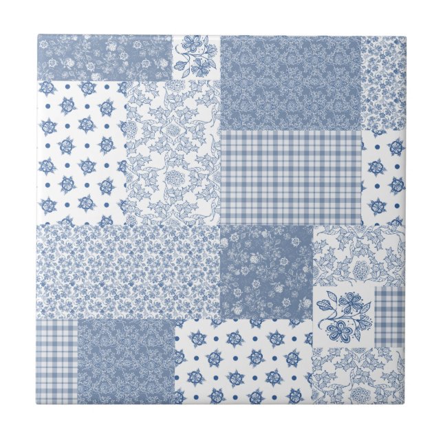 Nostalgisch Indigo Blau Faux-Patchwork-Keramikflie Fliese (Vorderseite)