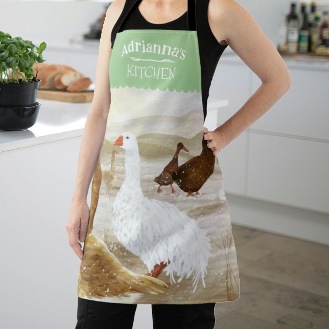 Nostalgisch, Personalisiert grün Schürze (light green kitchen apron with geese, white & brown wild geese, personalized cooking apron with name)