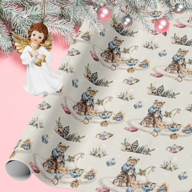 Nostalgisch Rustikale Weihnachtsfeiertage Weihnach Geschenkpapier (Nostalgic Rustic Vintage Christmas Cute Animals Wrapping Paper ©Susanne Sachers - Sunny Mind 🌞)