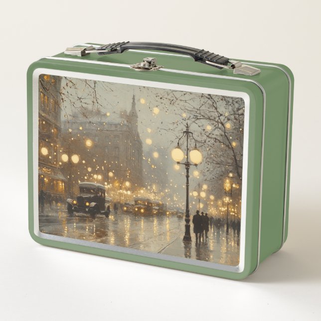 Nostalgisch Snowy Cityscape Metal Lunchbox (Vorderseite)