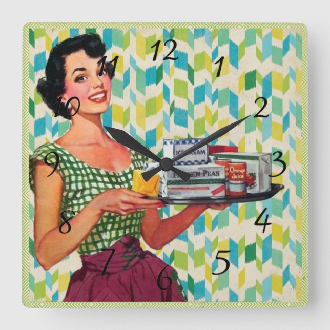 Nostalgisch Vintag Retro Lady Kitchen Clock Quadratische Wanduhr (Vorderseite)