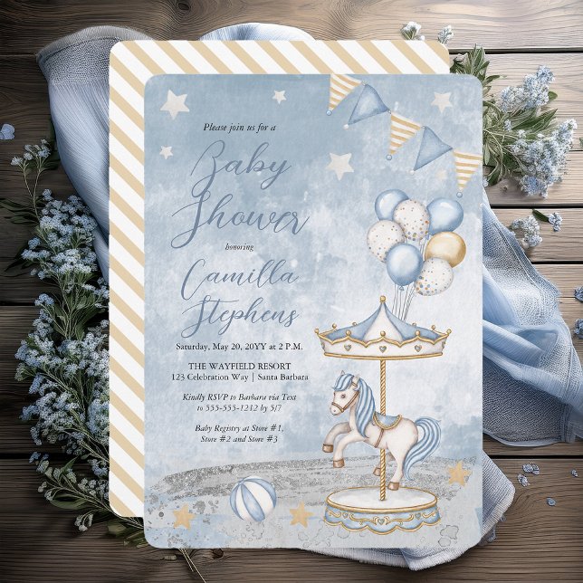 Nostalgische Coastal Carousel Themed Baby Dusche Einladung (Nostalgic Coastal Carousel Themed Boy Baby Shower Invitation - Print | Digital Download)