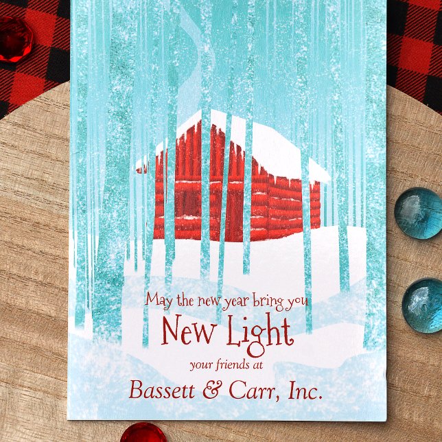 Nostalgische farbenfrohe Weihnachtsfeiern Gruß Karte (Red Logo Company Christmas Card, Red Log Cabin, Turquoise Winter Trees)