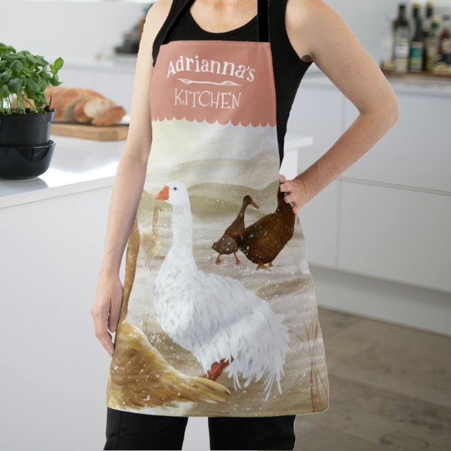 Nostalgische Farm Gänse Personalisiert Mauve Schürze (mauve pink kitchen apron with geese, white & brown wild geese, personalized cooking apron with name)