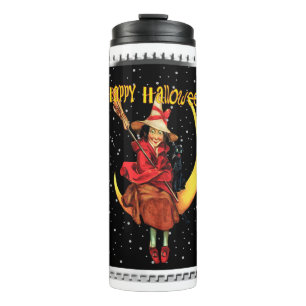 Nostalgische Halloween-Gute Hexe und ihre Katze Thermosbecher