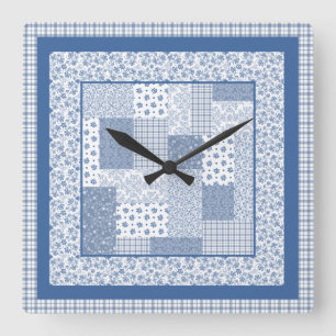 Nostalgische Indigo-Faux-Patchwork-Quadratuhr Quadratische Wanduhr