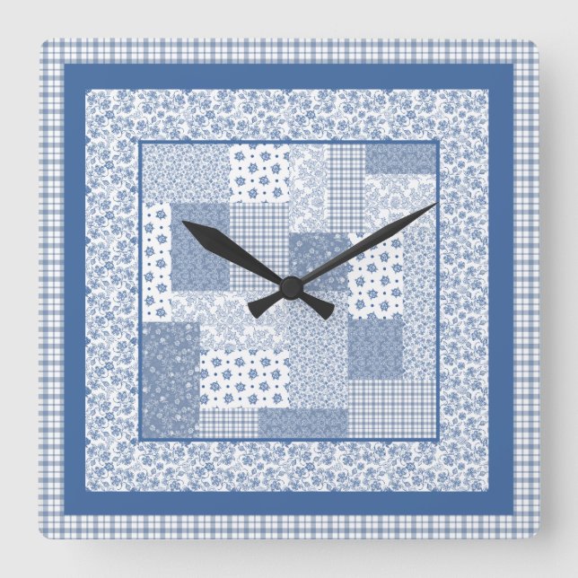 Nostalgische Indigo Imitate Patchwork Square Wall  Quadratische Wanduhr (Vorderseite)