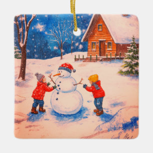 Nostalgische Retro-Weihnachtsszene beim Bau eines Keramikornament