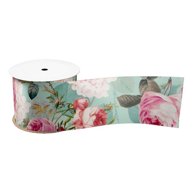 Nostalgische Rose Muster Minze Satinband (Spule)