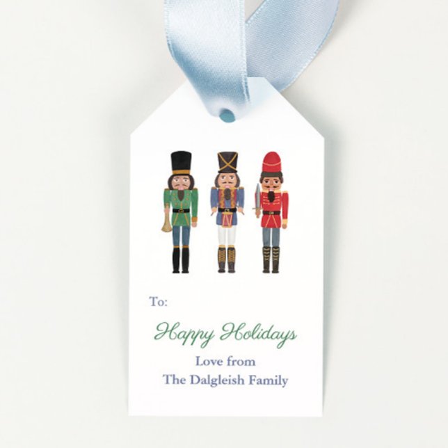 Nostalgische Weihnachts Black Nutcracker Ballet Geschenkanhänger (Nostalgic holidays African American nutcracker soldiers in red green & blue merry christmas gift tag)