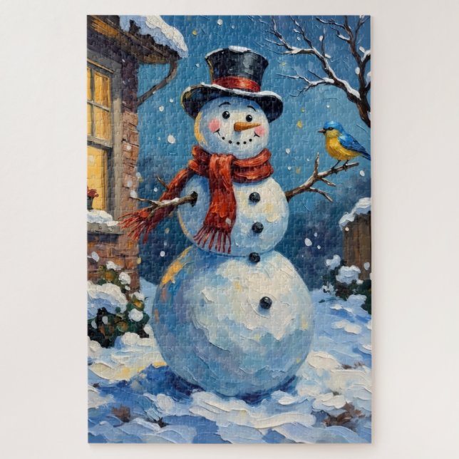 Nostalgischer glücklicher Schneemann mit Blaue Vog Puzzle (Vertikal)