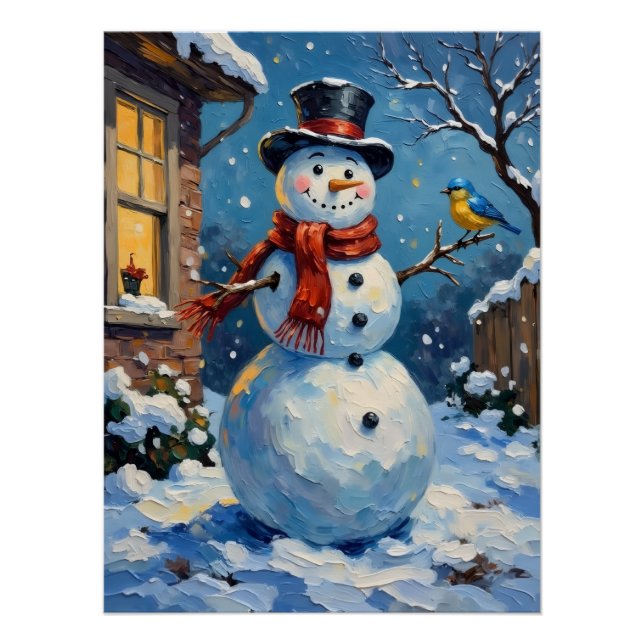 Nostalgischer glücklicher Schneemann mit Blaumeise Poster (Vorderseite)