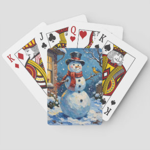 Nostalgischer glücklicher Schneemann mit Blaumeise Spielkarten