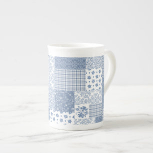 Nostalgischer Indigo-Faux-Patchwork-Bone-China-Bec Prozellantasse