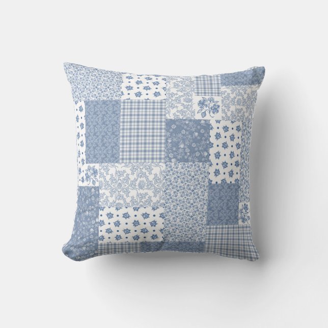 Nostalgischer Indigo-Faux-Patchwork-Kissenbezug od Kissen (Vorderseite)