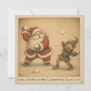 Nostalgischer Santa & Elf Schneeballkampf Foto Karte