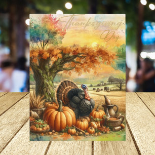 Nostalgischer Thanksgiving Day Kürbis und Truthähn Feiertagspostkarte