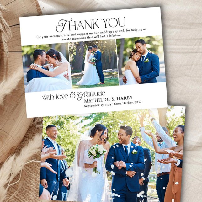 Nostalgischer Typ Vollblut und Foto Strip Wedding Dankeskarte (Wedding Thank You Card with Photo Strip and Romantic Nostalgic Typeface)