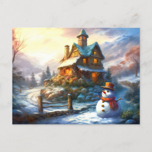 Nostalgischer Weihnachts-Schneemann Altes Cottag Einladungspostkarte