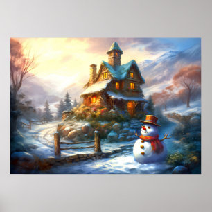 Nostalgischer Weihnachts-Schneemann Altes Cottag Poster