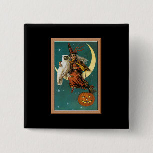 Nostalgisches Frohes Halloween Hexe & Eule Button