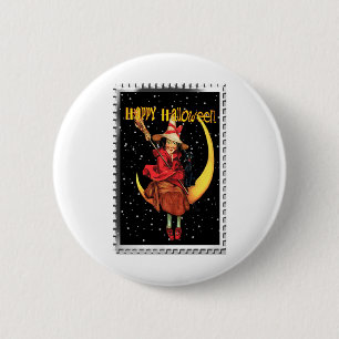 Nostalgisches Halloween Gute Hexe und ihre Katze Button