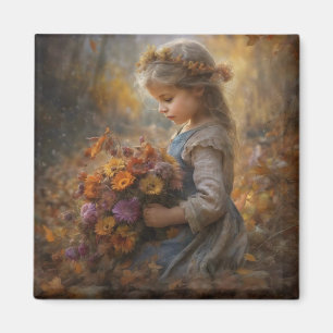 Nostalgisches Herbstkind mit Wildblumenstrauß Magnet