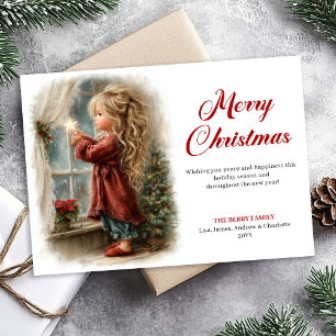 Nostalgisches kleines Mädchen wartet auf Santa Dow Feiertagskarte