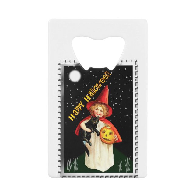Nostalgisches Mädchen, Jack-o’-Laterne und Katze Geldbeutel Flaschenöffner (Vorderseite)
