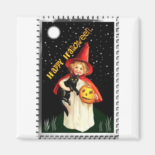 Nostalgisches Mädchen, Jack-o’-Laterne und Katze Magnet (Vorne)