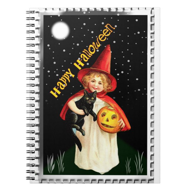 Nostalgisches Mädchen, Jack-o’-Laterne und Katze Notizblock (Vorderseite)