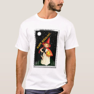 Nostalgisches Mädchen, Jack-o’-Laterne und Katze T-Shirt