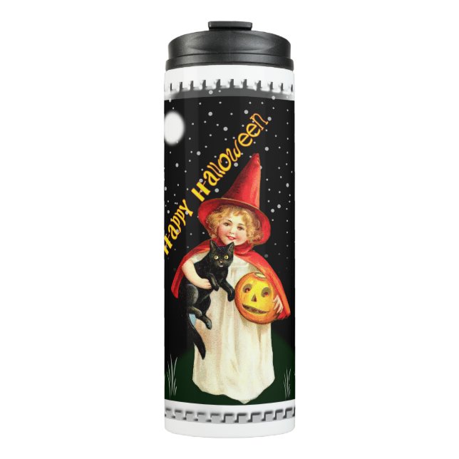 Nostalgisches Mädchen, Jack-o’-Laterne und Katze Thermosbecher (Vorderseite)