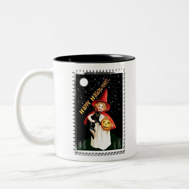 Nostalgisches Mädchen, Jack-o’-Laterne und Katze Zweifarbige Tasse (Links)
