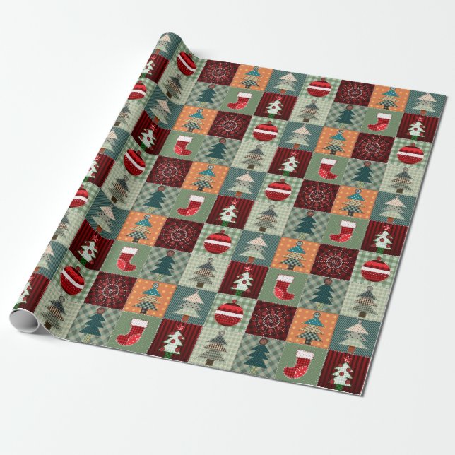 Nostalgisches Vintag Holiday Patchwork Quilt Geschenkpapier (Ungerollt)