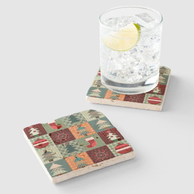 Nostalgisches Vintag Holiday Patchwork Quilt Steinuntersetzer (Seitenansicht)