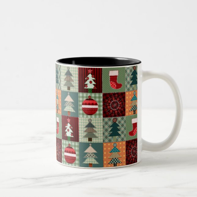 Nostalgisches Vintag Holiday Patchwork Quilt Zweifarbige Tasse (Rechts)