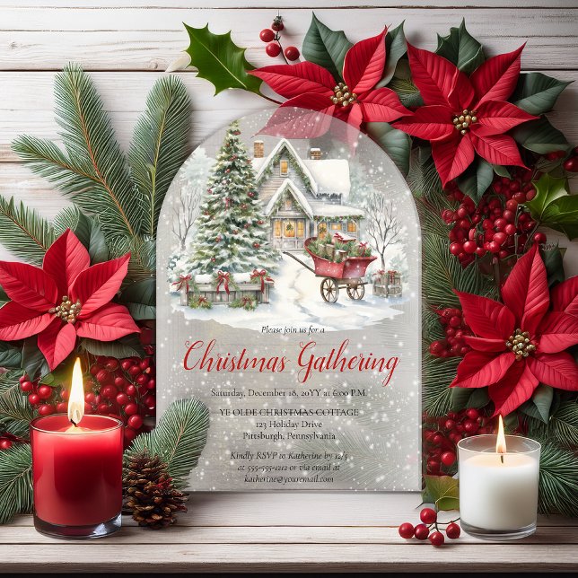 Nostalgisches Vintage-Cottage-Weihnachtstreffen Acryleinladungen (Nostalgic Vintage Cottage | Tree Christmas Holiday Gathering Party Arched Acrylic Invitation )