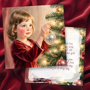 Nostalgisches Vintage-Mädchen und Weihnachtsbaum Feiertagskarte
